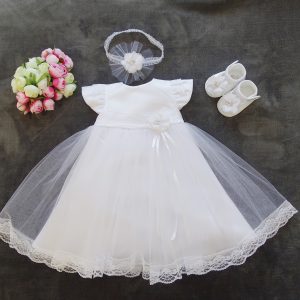Livia 01 Taufkleid, Festkleid +Stirnband+Schuhe Farbe: weiß