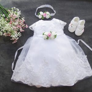 CHARLOTTE 01 Taufkleid, Festkleid +Stirnband+Schuhe Farbe: weiß