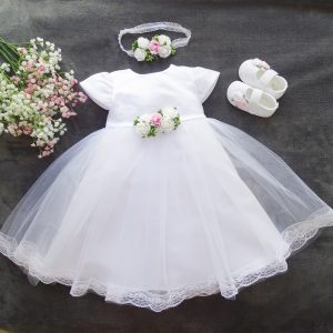 Livia 03 Taufkleid, Festkleid +Stirnband+Schuhe Farbe: weiß