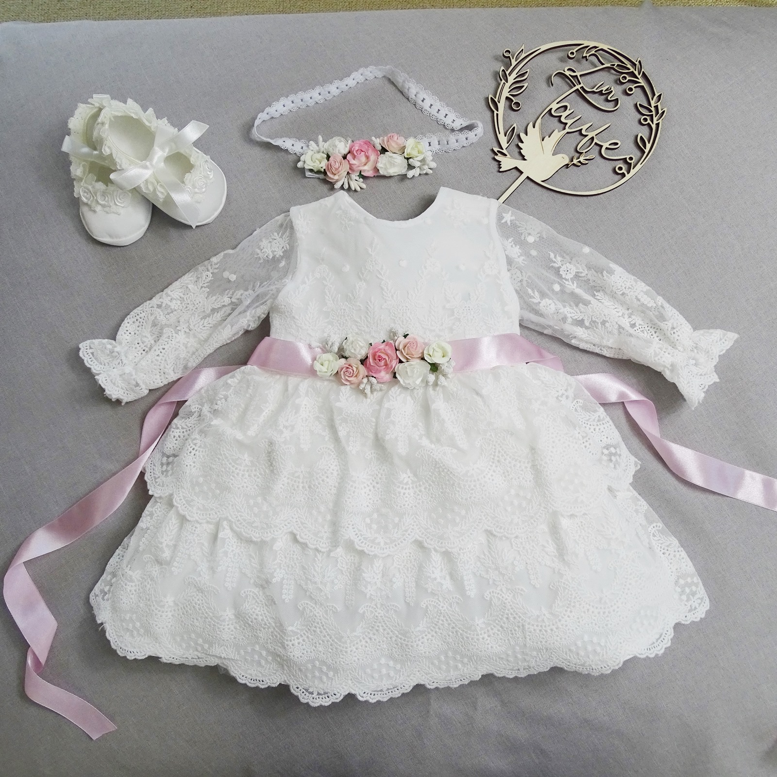 CHANTAL 03 - Taufkleid, Festkleid +Stirnband Farbe: ecru – Bild 4