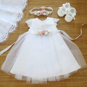 Emma 02 Taufkleid, Festkleid +Stirnband+Schuhe Farbe: weiß