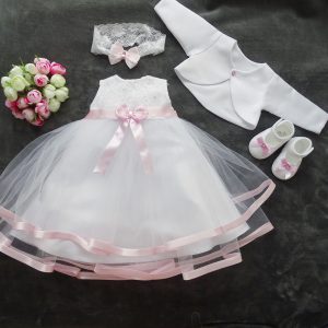 Clara  Taufkleid, Festkleid + Stirnband + Schuhe + Bolero Set 4 Tlg. Farbe: weiss-rosa