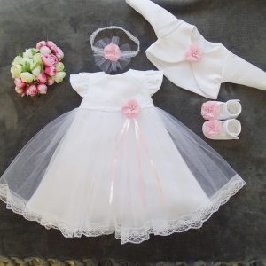 Livia Taufkleid, Festkleid + Stirnband + Schuhe + Bolero Set 4 Tlg. Farbe: weiss-rosa