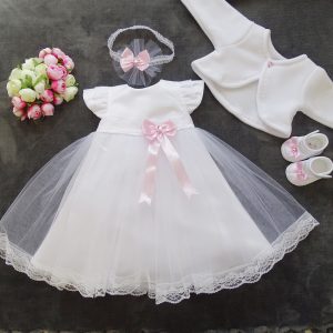 Livia Taufkleid, Festkleid + Stirnband + Schuhe + Bolero Set 4 Tlg. Farbe: weiss-rosa