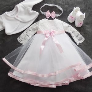 Clara  Taufkleid, Festkleid + Stirnband + Schuhe + Bolero Set 4 Tlg. Farbe: weiss-rosa