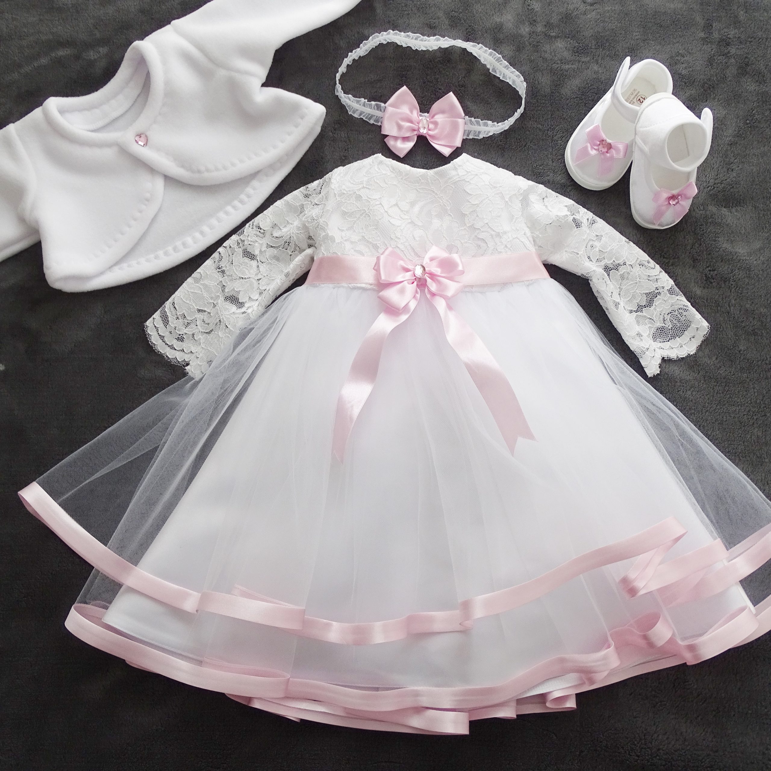 Clara Taufkleid, Festkleid + Stirnband + Schuhe + Bolero Set 4 Tlg. Farbe: weiss-rosa