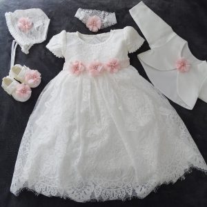 Mila Taufkleid, Festkleid + Stirnband + Schuhe + Bolero Set 4 Tlg. Farbe: ecru rosa
