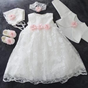 Luna Taufkleid, Festkleid + Stirnband + Schuhe + Bolero Set 4 Tlg. Farbe: ecru rosa
