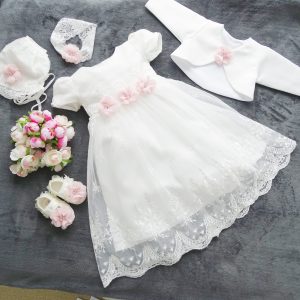 Dana Taufkleid, Festkleid + Stirnband + Schuhe + Bolero Set 4 Tlg. Farbe: ecru rosa