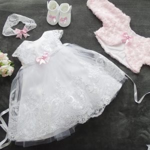 Charlotte Taufkleid, Festkleid + Stirnband + Schuhe + Bolero Set 4 Tlg. Farbe: weiss / rosa