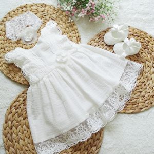 Musselin 100% Baumwolle Taufkleid, +Stirnband Farbe: ecru