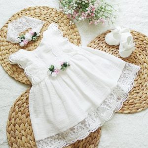 Musselin 100% Baumwolle Taufkleid, +Stirnband Farbe: ecru