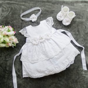 Musselin 100% Baumwolle Taufkleid, +Stirnband Farbe: weiss