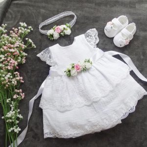 Musselin 100% Baumwolle Taufkleid, +Stirnband Farbe: weiss