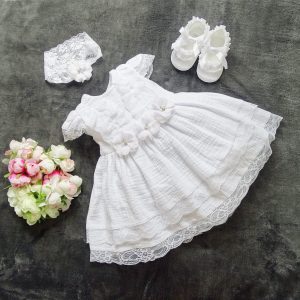 Musselin 100% Baumwolle Taufkleid, +Stirnband Farbe: weiss