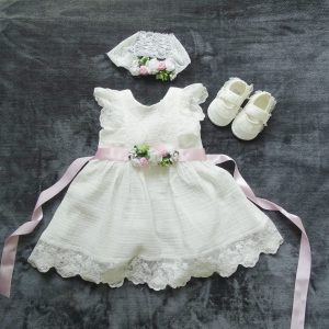 Musselin 100% Baumwolle Taufkleid, +Stirnband Farbe: ecru (Kopie) (Kopie)