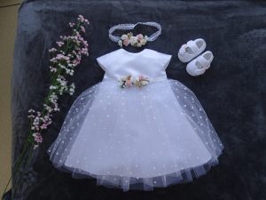 BEATRICE Taufkleid, Festkleid +Stirnband+Schuhe Farbe: weiß - grun