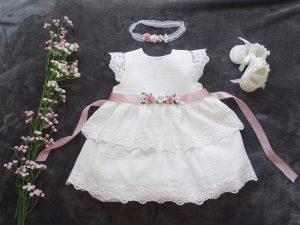 Musselin 100% Baumwolle Taufkleid, +Stirnband Farbe: ecru