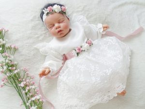 Armina - Taufkleid, Festkleid +Stirnband Farbe: ecru -altrosa