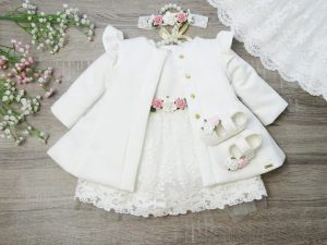 Taufkleid Set Ivory Lia mit Kleid, Mantel, Haarband und optionalen Schuhen