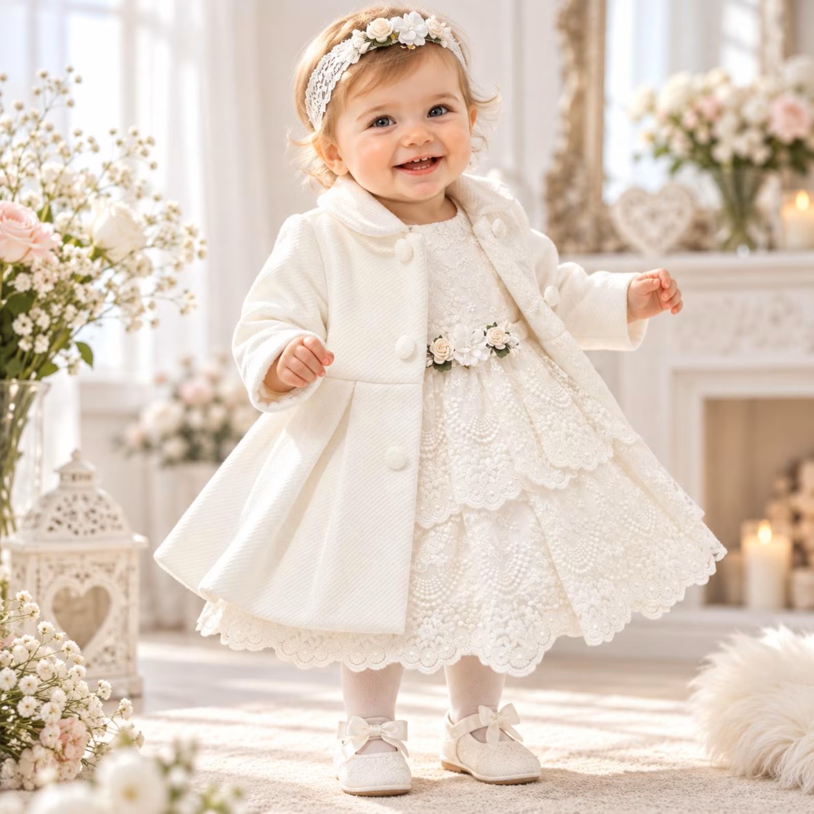 Mädchen im Taufkleid Set Mia in Ivory mit Mantel, Haarband und Schuhen