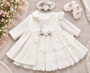 aufkleid Set für Mädchen Mia in Ivory mit Spitzenkleid, Mantel und Haarband
