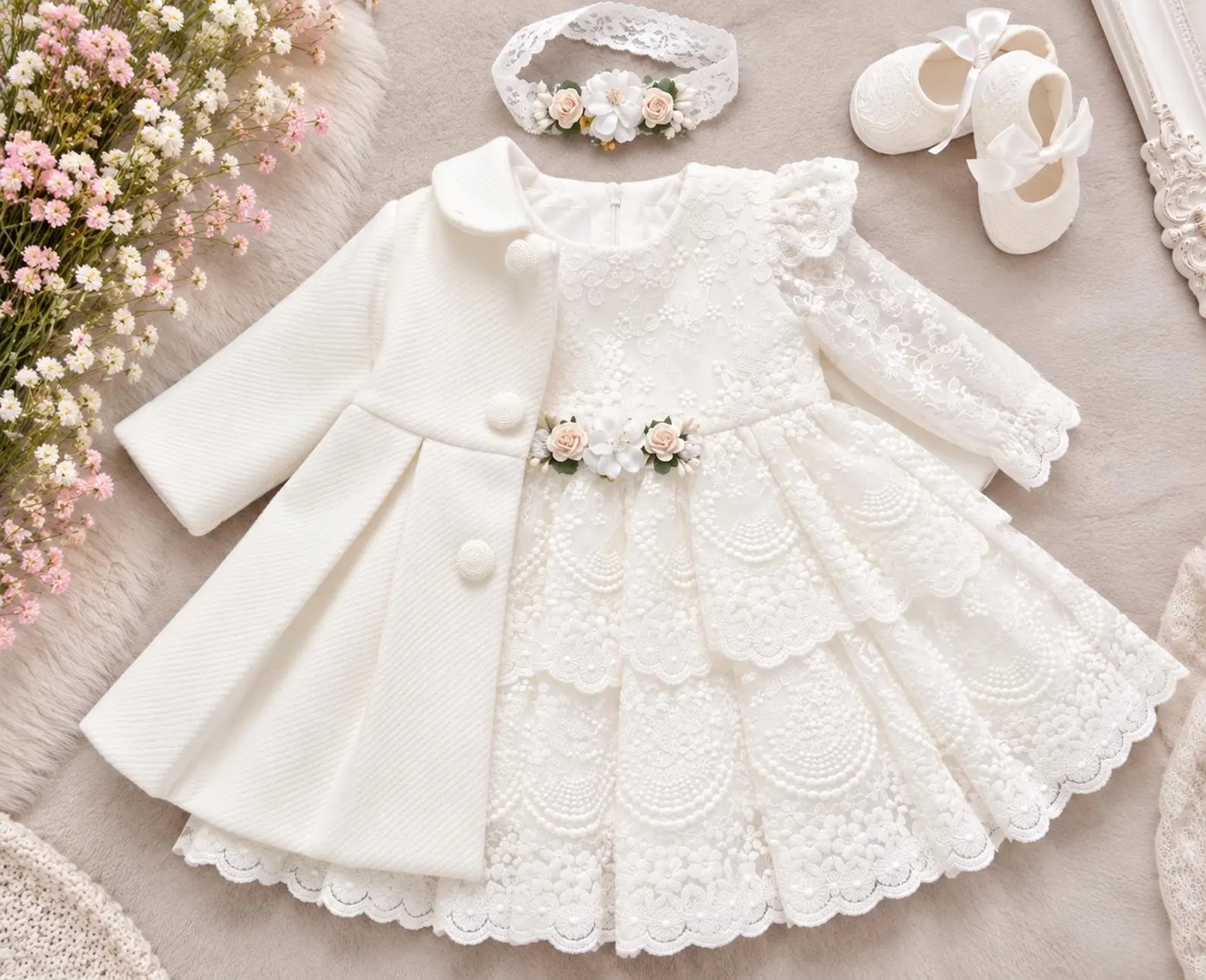 aufkleid Set für Mädchen Mia in Ivory mit Spitzenkleid, Mantel und Haarband