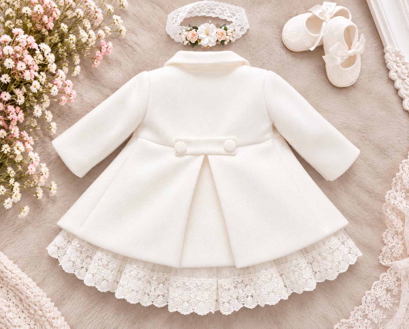Taufkleid Set Mia in Ivory mit Mantel von hinten und Haarband